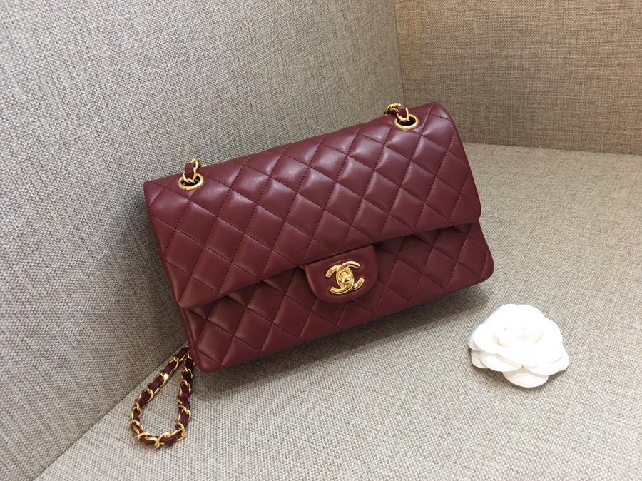 Medium Classic Flap Lambskin Bag AO1112 Dark Red/Gold